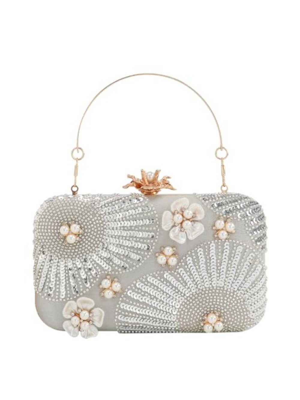 Vintage Floral Embroidery Clutch Evening Bag with Pearls and Sequins